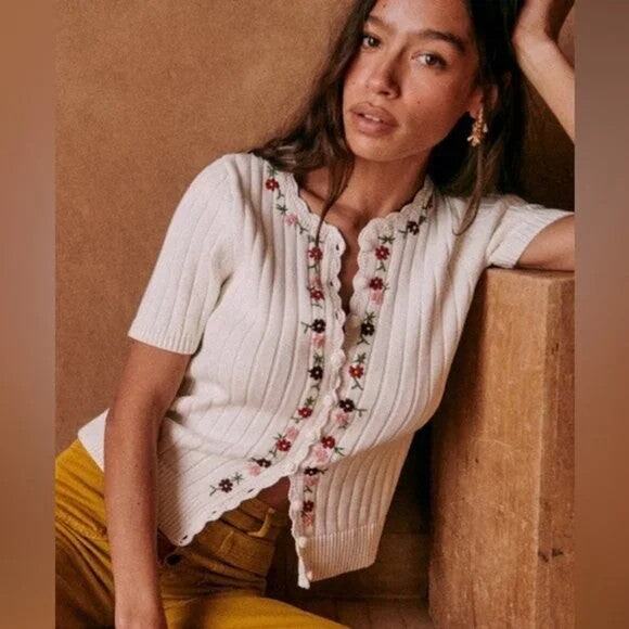 Sezane Ilena Flower Embroidery Cardigan White - FR Size XS - Picture 5 of 8